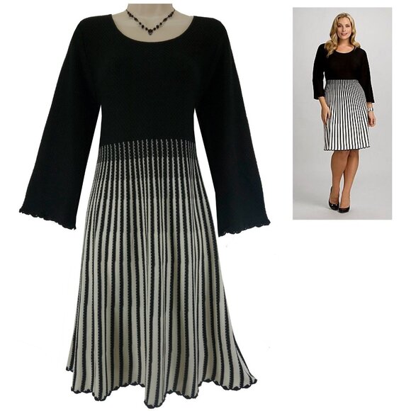 Roz & Ali Black & White Striped Sweater Dress Size 1X 16 Knit Fall Winter Plus - Picture 1 of 9